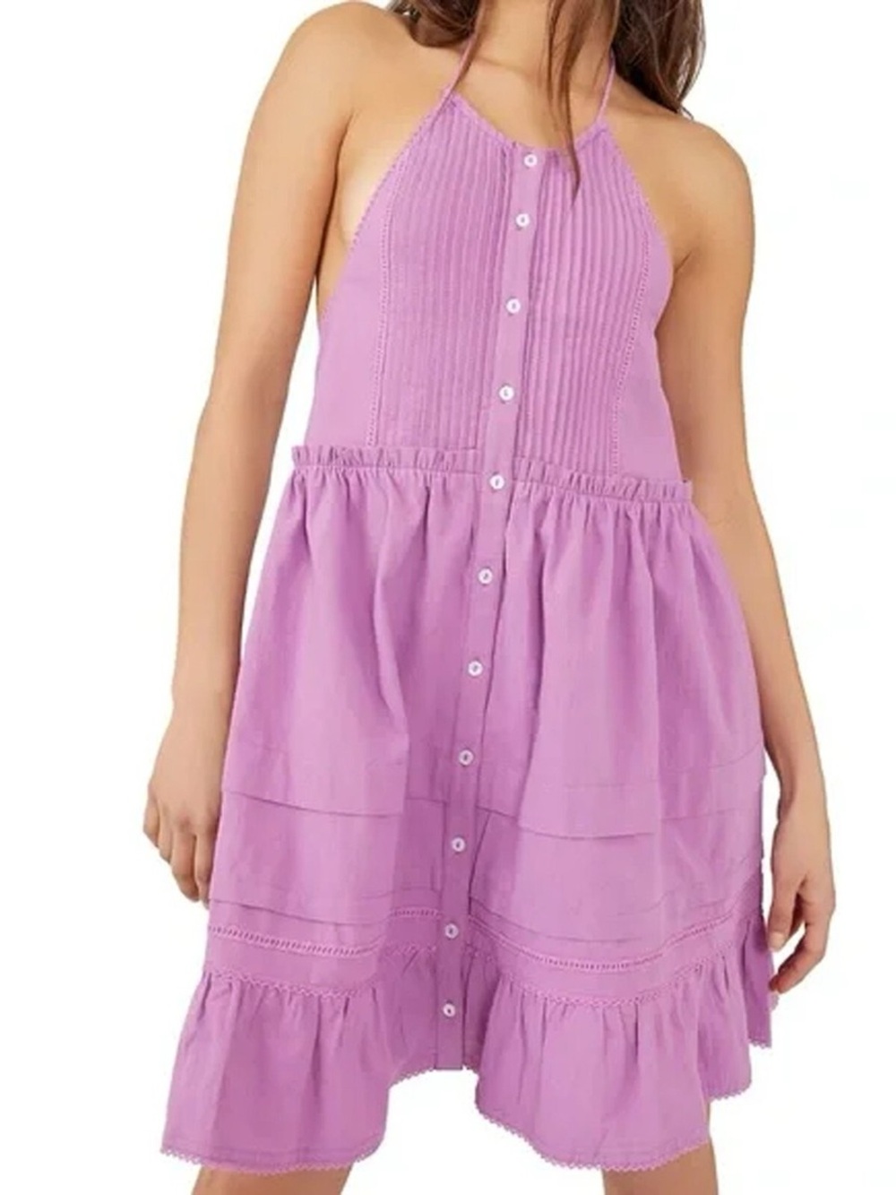 Free People Desert Days Mini Dress Medium Purple Boho Tiered Button Front